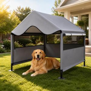 Extra Large Dog Shade Shelter Canopy with UV Protection, Big Dog House Outside, Outdoor Dog Tent with Three-Sided Breathable Mesh Windows, Gray Sun Rain Cover for Pet Sheep Goat 4'x 4'x 3.3'