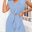 PRETTYGARDEN Women's Summer 2 Piece Outfits 2026 Cap Sleeve V Neck Belted Crop Tops Wide Leg Pant Sets Casual Tracksuit (Blue, M)