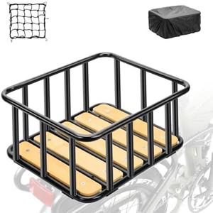 PIREKZUNT Bike Rear Basket with Waterproof Cover, Cargo Net, Wooden Base, 13.8"X11.8"X6.7" Heavy Duty Metal Ebike Rear Basket for Most Bike and E-Bike