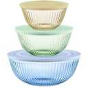 Pyrex Sculpted Tinted 6-Piece Glass Mixing Bowl Set with Airtight Plastic Lids, 1.3qt Amber/2.3qt Green/4.5qt Blue