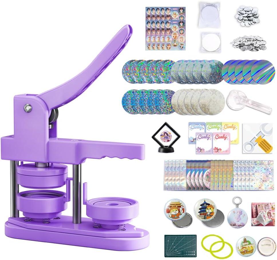 Freeingbag 58mm (2.25 in) Installation-Free DIY Button Maker Machine, Button Badge Press with 100pcs Supplies + Circle Cutter + Protection Set & Button Maker Color Film (Purple, 2.25 inch / 58mm)