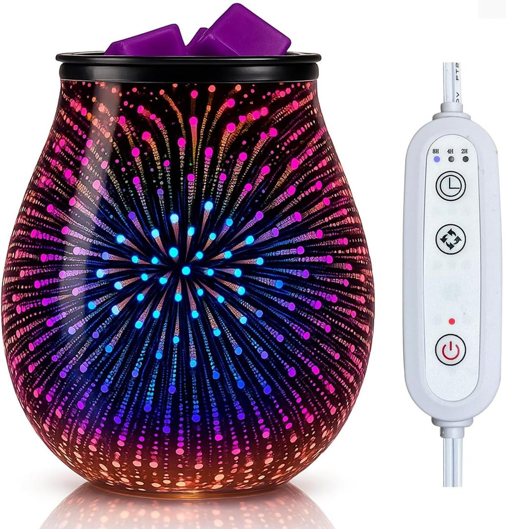 Leyoue 3D Glass Fireworks Electric Wax Melt Warmer with PTC Heating Plate 7 Colors LED Changing Light Wax Burner Melter Fragrance Warmer for Home (Timing Switch)