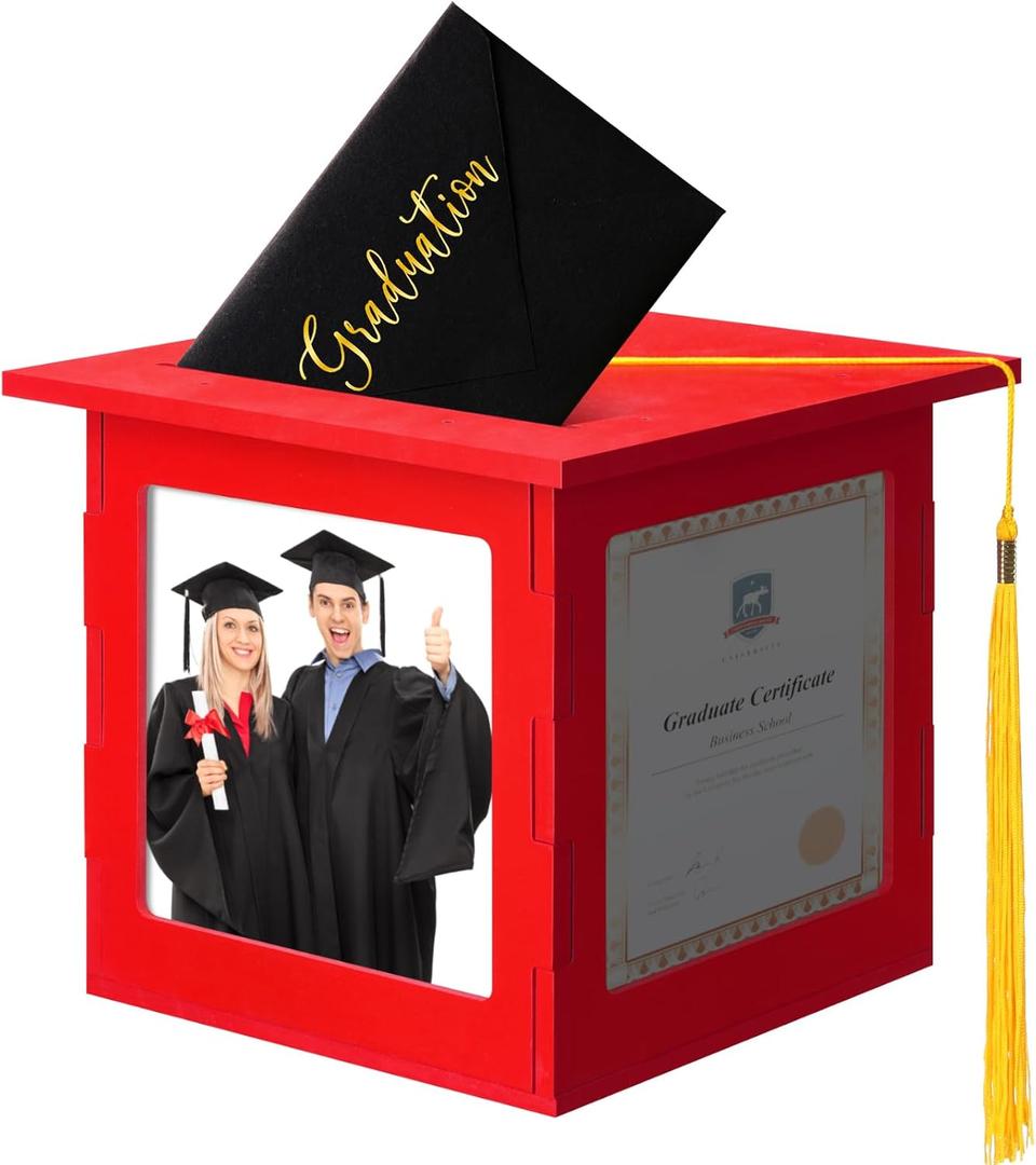Menkxi 2026 Wooden Graduation Card Box Holder for Party with Picture Frame Graduation Cap Shaped Gift Card Box Decorations with Tassel for Grad College Party Favors(Red)