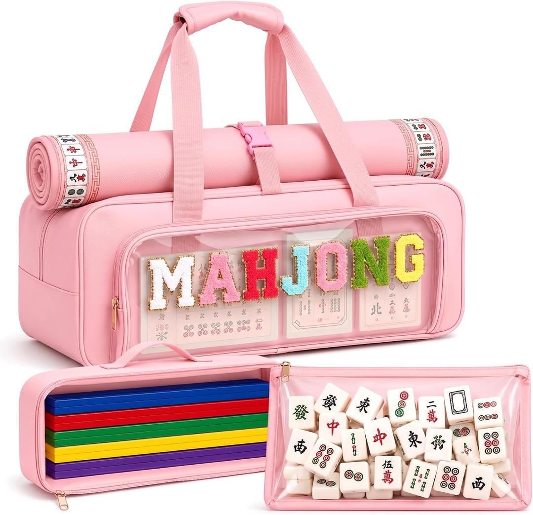 3 Piece Mahjong Storage Bag Set for American Mahjong, Clear Zippered Travel Organizer with Chenille Letter Patch for Tiles, Racks and Accessories, Portable Empty Carrying Case (Pink)