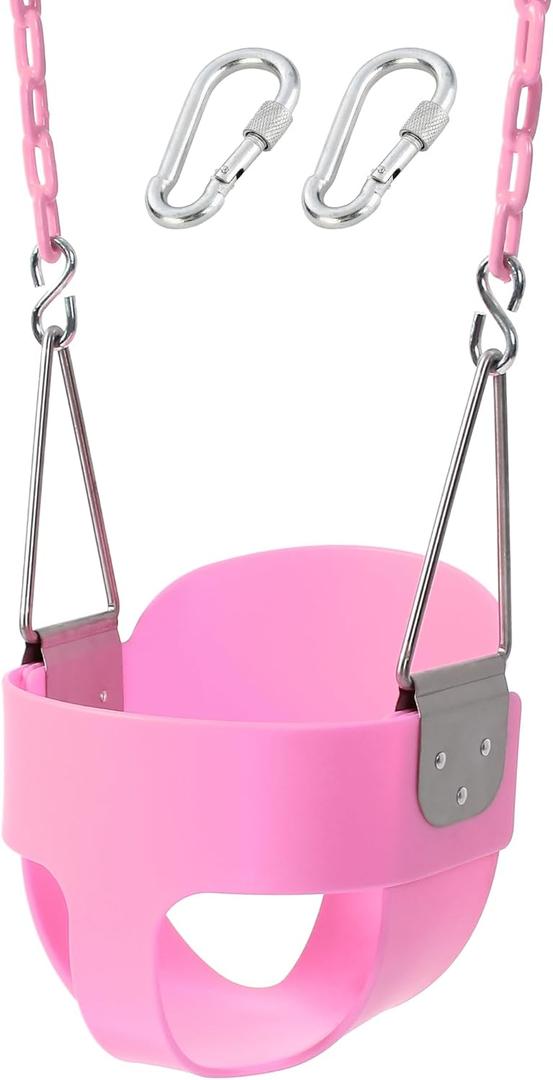 Take Me Away Pink Swing Seat - Heavy Duty High Back Full Bucket Toddler Swing Seat Chain Plastic Coated Baby Swing Outdoor - Playground Swing Set Accessories Replacement, Pink 