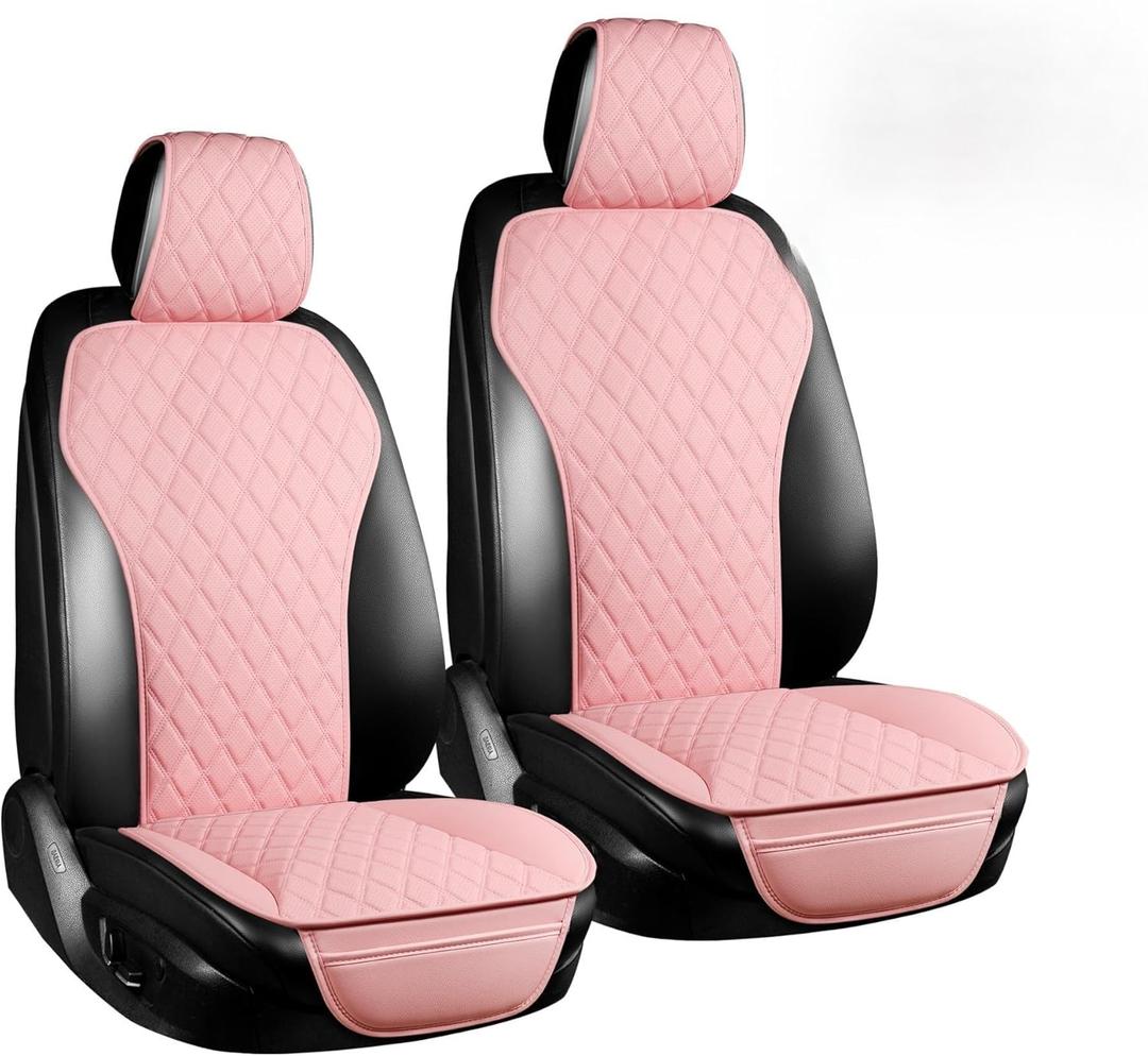 BaoLL 2PCs Front Car Seat Covers, Leather Seat Covers with Steering Wheel Cover and Two Seat Belt Pads, Waterproof Seat Covers for Cars Universal Fit 95% Vehicles (Pink)
