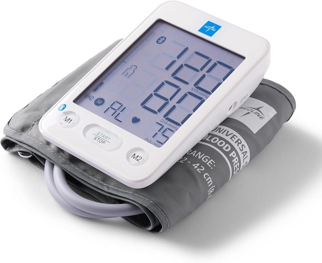 Medline Bluetooth Blood Pressure Monitor, Universal Upper Arm Cuff, Digital LCD Display, Health App Integration, Stores Up to 120 Readings, Carrying case and Batteries Included