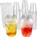 50 Sets 12oz Disposable Transparent Plastic Cup with Panda Lids & Straws, Easy-to-Grip Design, Suitable for Iced Coffee, Milk Tea,Milkshakes,Perfect for Holiday Parties,Various Dining Occasio