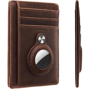 Hawanik Slim Minimalist Front Pocket Air Tag Wallet, RFID Blocking Card Holder Wallet with Airtag Holder (Genuine-leather Brown)