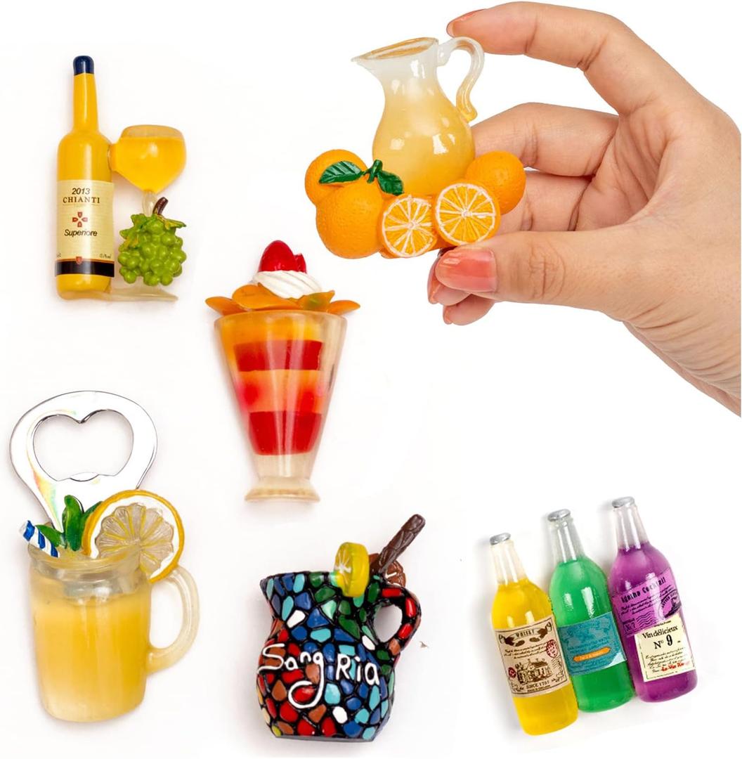6-Pack Fruit Juice Fridge Magnets 3D Resin Magnet Refrigerator Stickers Champagne Bottle Opener Juice Cup Wine Glass for Refrigerators, Whiteboards, Maps and Other Magnetic Items