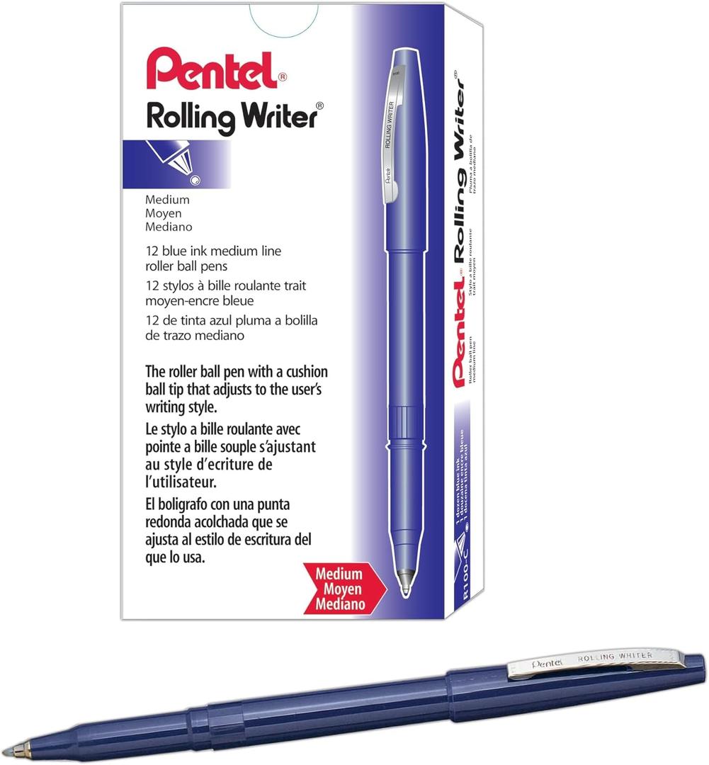 Pentel R100C Rolling Writer Stick Roller Ball Pen, .8mm, Blue Barrel/Ink, Dozen (12 Count (Pack of 1))