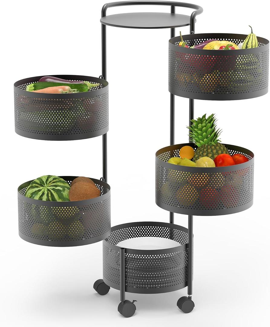 JAQ Rotating Fruit Basket, 5-Tier Metal Sturdy Kitchen Storage Rack Shelf Carts No Assembly on Rolling Wheels for Fruit Vegetable Grocery Corns Potato Onion (5-Tier, Black)