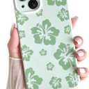 Skyseaco for iPhone 13 Case Cute Hibiscus Phone Case Flower Design Soft Slim TPU Shockproof Camera Protection Phone Cover for Women Girls - Green