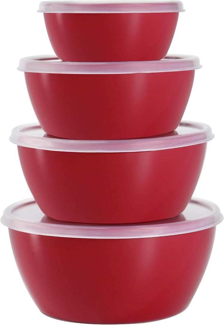 4-Piece Classic Plastic Prep Bowls with Lids, Nesting Plastic Small Mixing Bowl Set for Mixing, Baking, Prepping, Cooking and Serving Food, Microwave and Dishwasher Safe (Red)