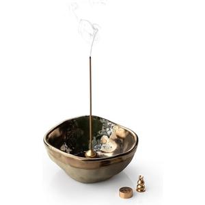 KOKUNKA 4.25 Inch Incense Holder, Ceramic 4 in 1 Incense Burner, Incense Holder for Sticks with 3 Incense Sockets, Modern Insence-Stick Holder for Bulk Incense, Palo Santo, Gold