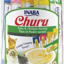 INABA Churu Cat Treats, Grain-Free, Lickable, Squeezable Creamy Pure Cat Treat/Topper with Vitamin E & Taurine, 0.5 Ounces Each Tube, 50 Tubes, Tuna & Chicken Variety