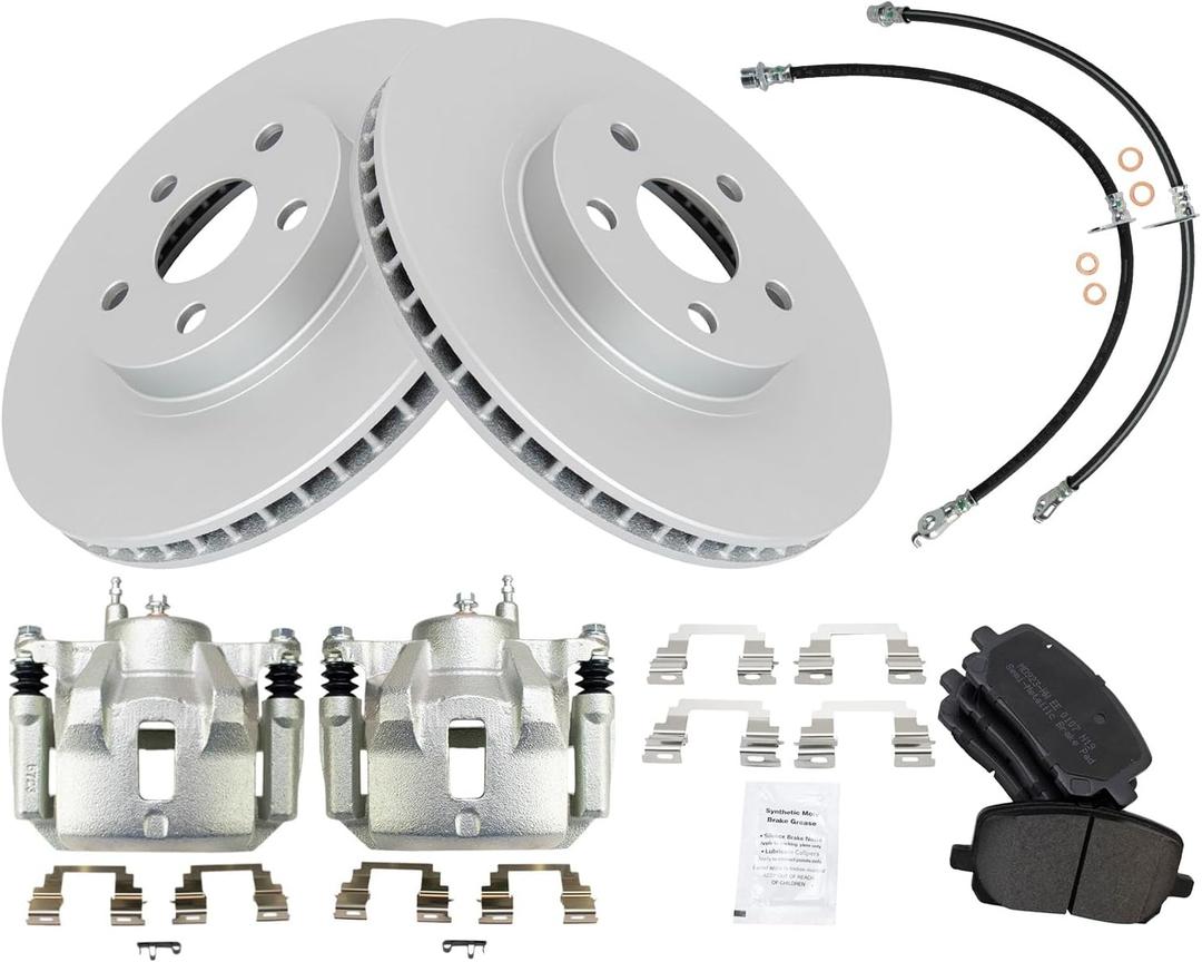 TRQ Front Brake Pad & Rotor Kit Brake Caliper Brake Hose Brake Pads Brake Rotor Semi-Metallic Compatible with 2003-2008 Toyota Corolla