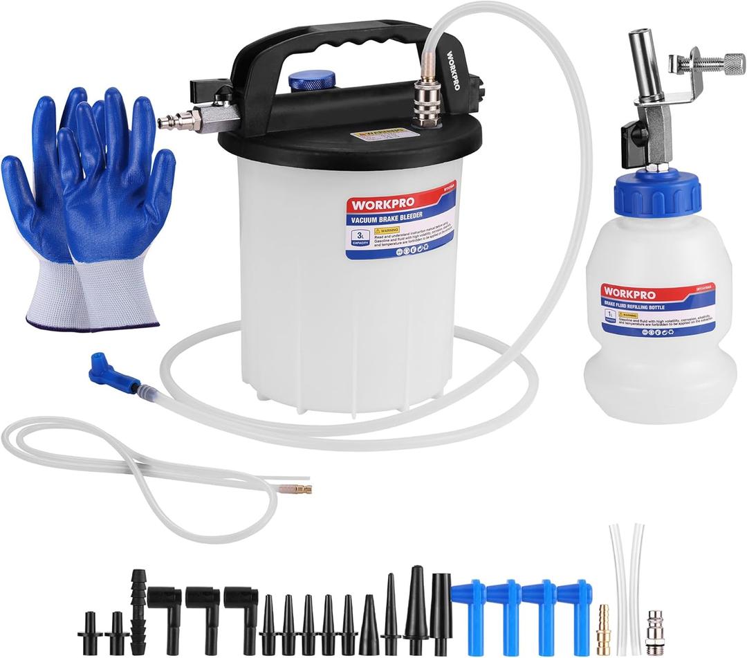 WORKPRO 3L Vacuum Brake Bleeder Kit, Pneumatic Brake Bleeder for One Person, with 1L Brake Fluid Refill Bottle, 22 Adapters, Air Coupler & Gloves, Brake Bleeding Tool for Various Vehicles, Motorcycles