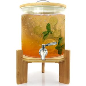 Glass Beverage Dispenser with Stand, 1.5 Gallons Glass Drink Dispenser-Beverage Dispenser with Wood Stand, Stainless Steel Spigot for Parties,Bars,Restaurants