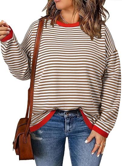 Eytino Plus Size Sweaters for Women Casual Striped Color Block Long Sleeve Round Neck Pullover Jumpers Tops 4X
