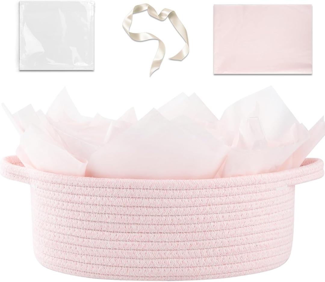 OIAHOMY Gift Basket with Handle, Small Woven Basket with Gift Bag, Ribbon and Wrap Tissue Paper, Nursery Bins Empty to Fill with Small Items, Baby, Pet Toy Organizer - Pink (12"x 8"x 5")
