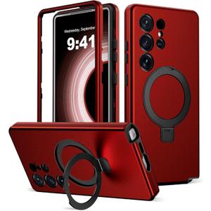 Designed for Samsung Galaxy S25 Ultra Case with Magnetic Ring Stand [Compatible with Mag-Safe][Military Grade Drop Protection][Build in Kickstand] S25 Ultra Phone Case 6.9",Red 251008