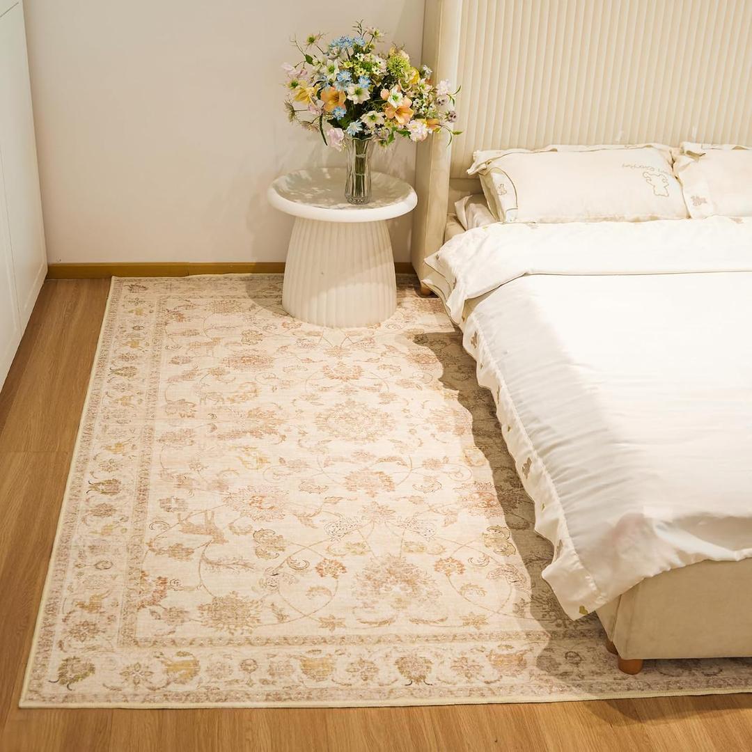 8x10 Soft Washable Area Rugs for Living Room and Bedroom, Non-Slip Stain Resistant Indoor Carpet, Cozy Floor Mat for Dining Room, Office, Under TableStain Resistant Persian Beige Floral