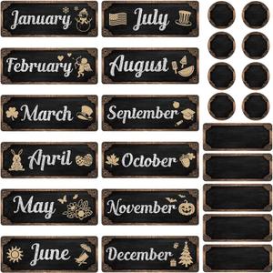 Gueevin 60 Pcs Industrial Chic Months of the Year Bulletin Board Set Holiday Monthly Headliners Employee of the Month Sign 12 Seasonal Monthly Headers for School Classroom Teacher Chalkboard Calendar