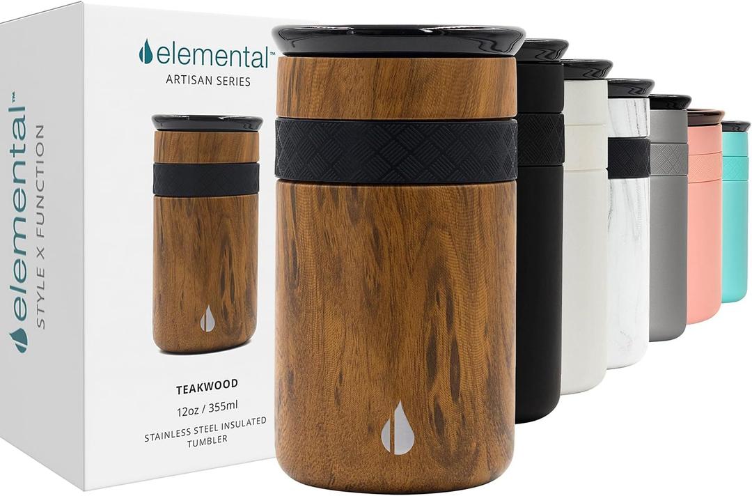 Elemental Artisan Insulated Tumbler, Triple Wall Coffee Travel Mug, Reusable Stainless Steel Coffee Tumbler with Ceramic Lid, Thermal Coffee Cups for Hot (6 Hrs) & Cold (18 Hrs), 12oz - Teak Wood