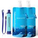 Membrane Solutions Squeezable Water Filtration System, Survival Water Purifier Kit, Portable Backpacking Gear Including Water Filter Straw and 23oz Collapsible Bottle for Hiking Camping Travel(1+2)