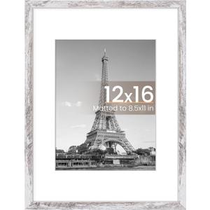 upsimples 12x16 Picture Frame, Display Pictures 8.5x11 with Mat or 12 x 16 Without, Wall Hanging Poster Frames, Rustic White, 1 Pack