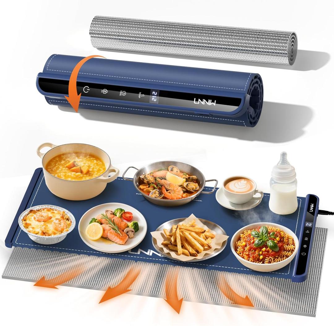 Extra Large Food Warming Mat with Heat-Resistant Pad, 36X15 Inch, 6 Temperature & 6 Timer Settings, Child Lock Safety, Fits More Dishes for Family Dinners and Parties (Dark Blue)