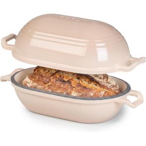 Enameled Cast Iron Dutch Oven for Sourdough Bread Baking,11 x 7 Inch Oval Cast Iron Bread Pan with Lid,Dutch Oven for Homemade Sourdough Baking,5 QT Meatloaf Pan,Oven Safe(Latte)