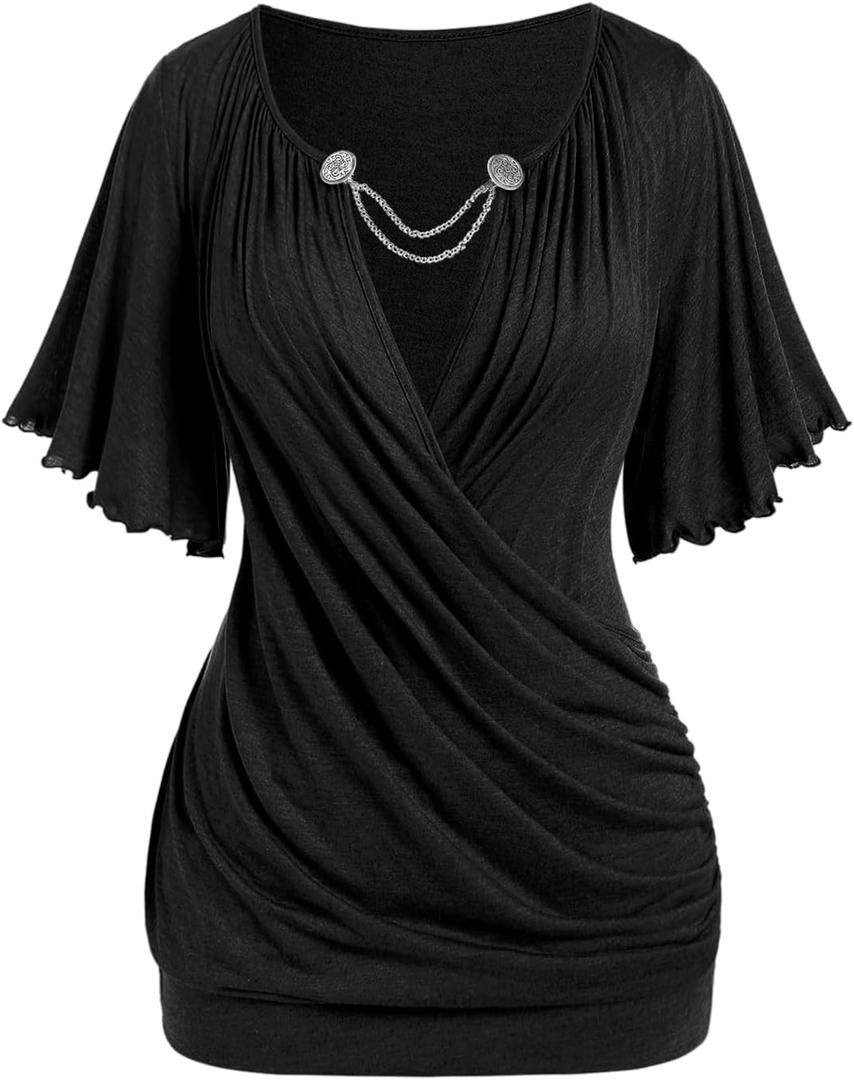 ROSE GAL Plus Size Lettuce Ruched Chain Embellished Plunging Blouson Tee (Black), M