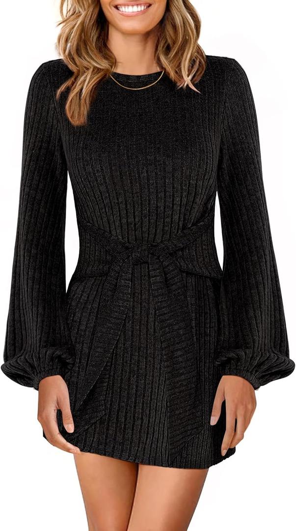 ANRABESS Womens 2025 Fall Dress Long Lantern Sleeve Ribbed Knit Casual Tie Waist Lightweight Mini Sweater Dress (Large, Black)