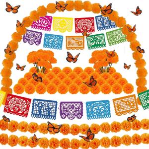 Dia De Los Muertos Day of the Dead decoration include Marigold Flowers garland Marigold Flowers Mexican Banners Monarch Butterflies for Ofrenda Altar Decor