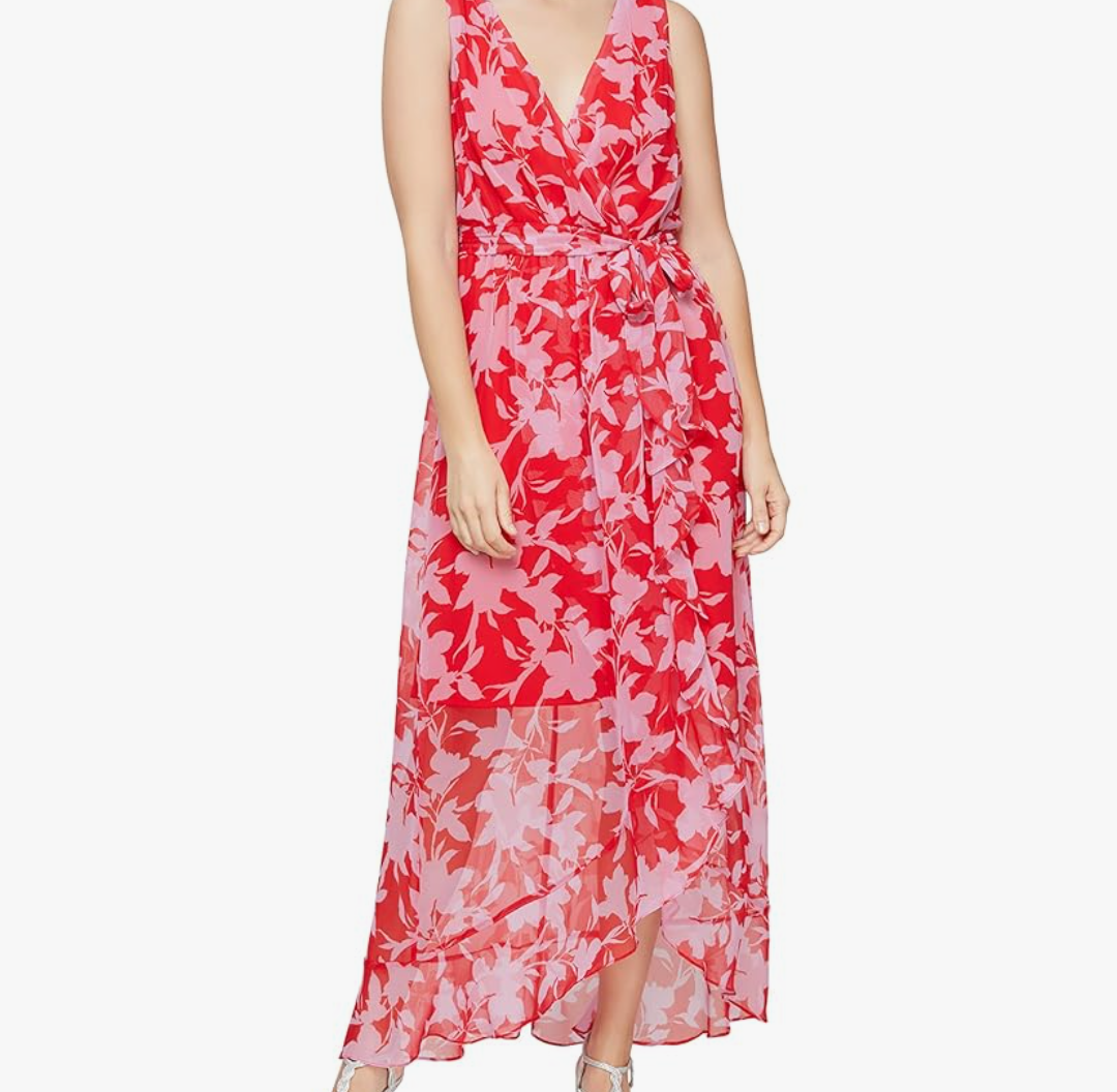 S.L. Fashions Women's Sleeveless Chiffon Wrap Dress with Cascade Ruffle, Perfect for Spring/Summer, Casual Or Wedding Guest Size 6