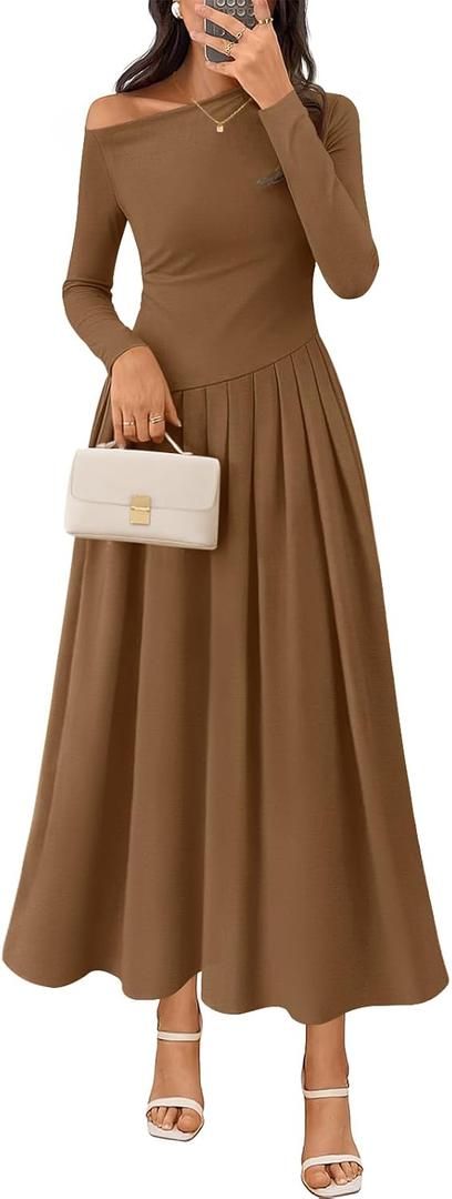 MEROKEETY Women's Fall Long Sleeve Wedding Guest Dresses 2025 One Shoulder Elegant Formal Pleated Midi Maxi Dress (Brown) X-Large