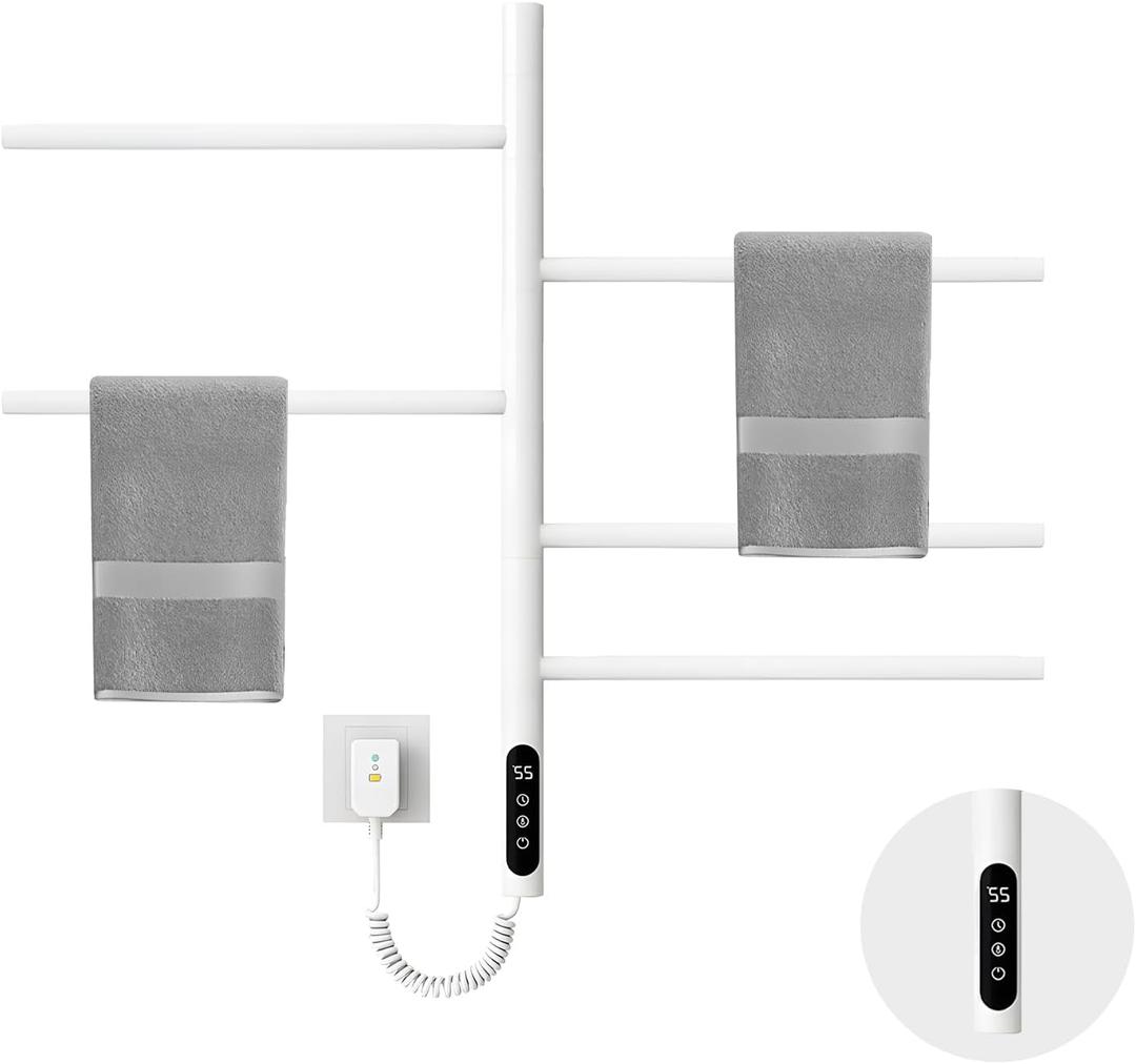 Electric Towel Warmer,5-Bar Rotating Heated Towel Rack,2-3 Minutes to 55C/131F,Wall Mounted Towel Warmer with Timer and Multi-Stage Temperature Regulation,Plug-in/Hard-Wired,White (FBA)