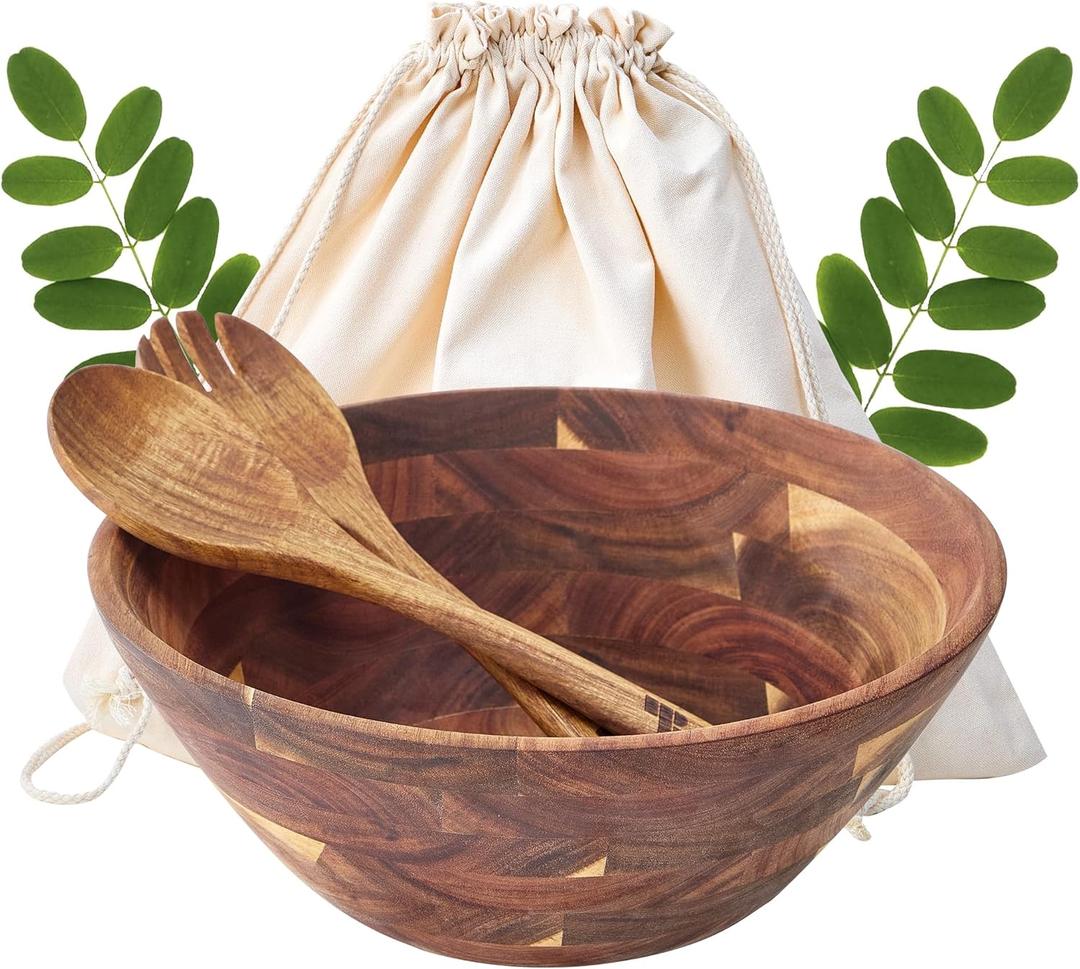 Wooden Salad Bowls with Serving Utensils, Large 12.5" Acacia Wooden Bowls for Food, Perfect as Fruit Bowl, Serving Bowls, Mixing Bowls, Handmade, Durable and Stylish Natural Wood Dinning Accessory