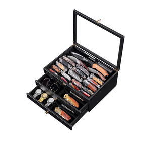 Large Knife Display Case, Large 3-Tier Wooden Pocket Knife Organizer with Glass Lid & Drawers, Storage Box for Folding Knife Collections, Ideal Men's Gift(Black)