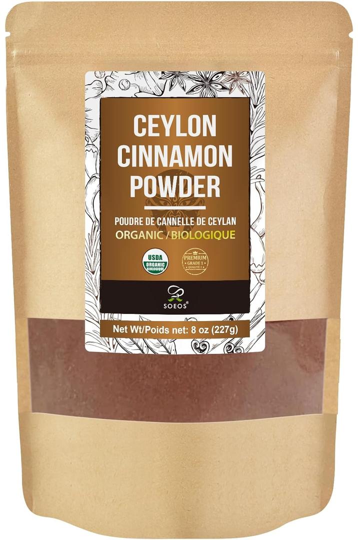 2 x Soeos Organic Ceylon Cinnamon Powder, 8oz (227g), Premium Ground Cinnamon, Non-GMO, Gluten-Free, Freshly Packed