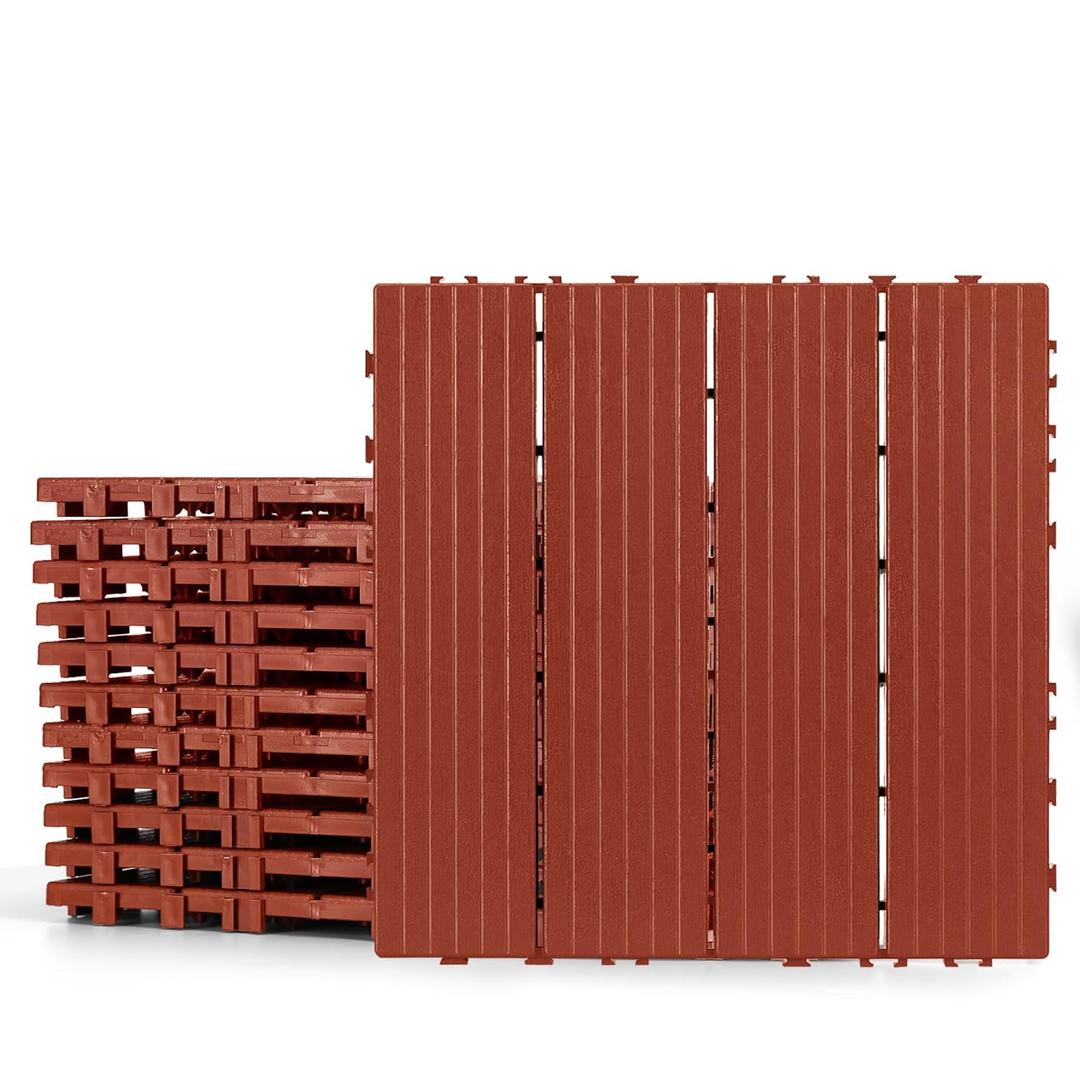 Plastic Interlocking Deck Tiles 12 Pack, 12"x12" Waterproof Patio Flooring, Weather Resistant Outdoor Deck Tiles for Balcony, Porch, Backyard, Brick Red