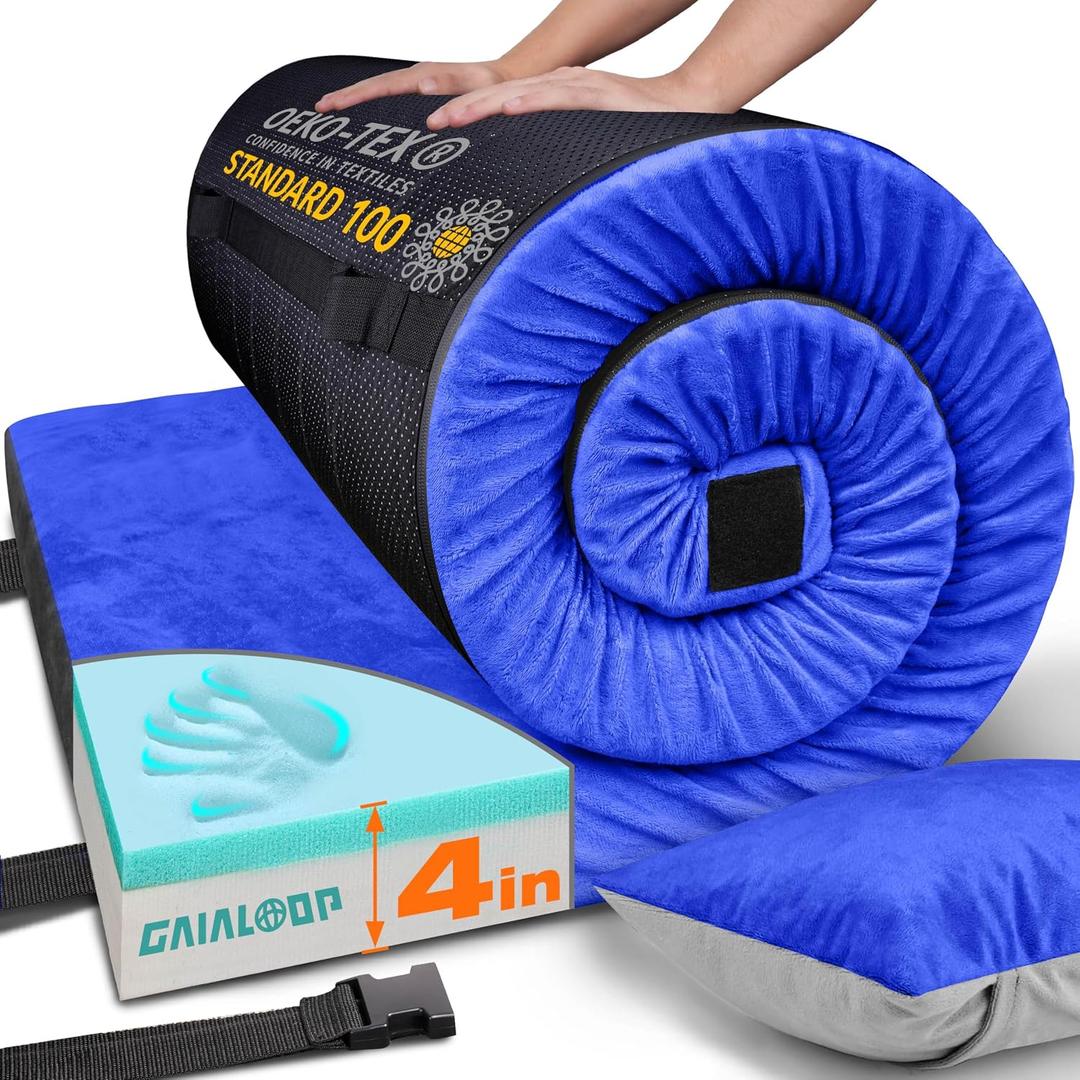 GAIALOOP 4 INCH Thick Memory Foam Camping Pad Futon Mattress, Portable Floor Sleeping Mat Sleepover Guest Bed Roll Up Mattress for Outdoor Extra Supportive for Side Sleepers [Single:75 * 30 * 4"]