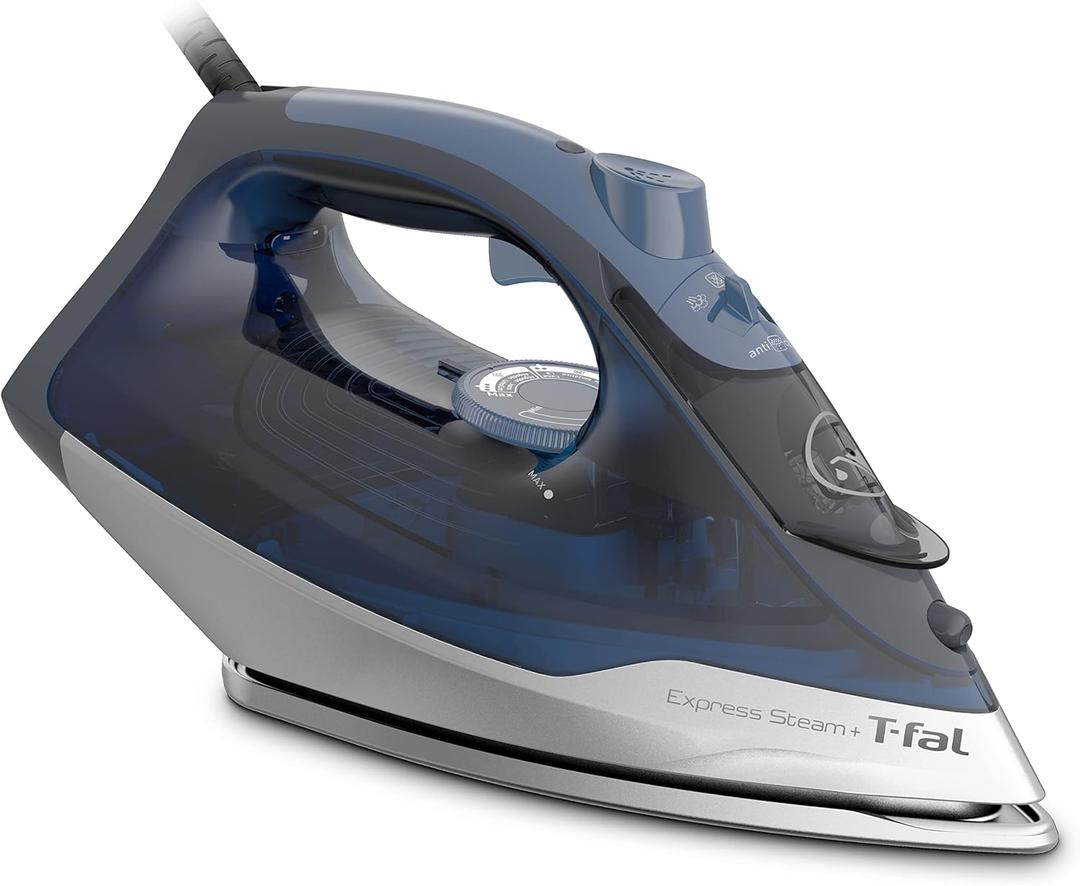 T-fal, Iron, Express Steam Iron for Clothes, Durilium Soleplate, Precision Tip, 30 Second Auto Shut Off, 1600 Watts, Anti-Drip, Ironing, Blue Clothes Iron, FV2886U0