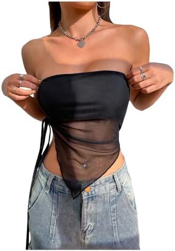 SOLY HUX Women's Strapless Mesh Sheer Tube Crop Top Drawstring Side Asymmetrical Hem Sleeveless Tops S