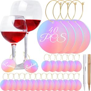 Tondiamo 40 Pcs DIY Wine Charms for Glasses Acrylic Wine Charms with Rings Tags Marker Pen Blank Glass Labels Bulk for Stem Cocktail Champagne Wedding Dinner Party Favor (Iridescent)