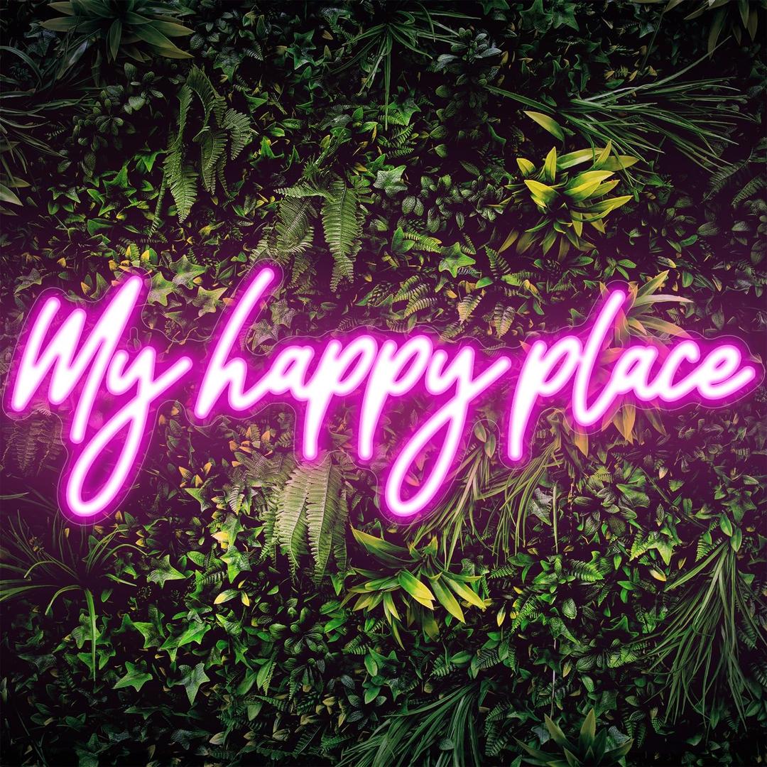 Kavaas My Happy Place Neon Signs 16.9" x 5.9", Pink LED Light Up Signs for Wall Decor | My Happy Place Sign for Girls Bedroom, Bar, Office, Dorms