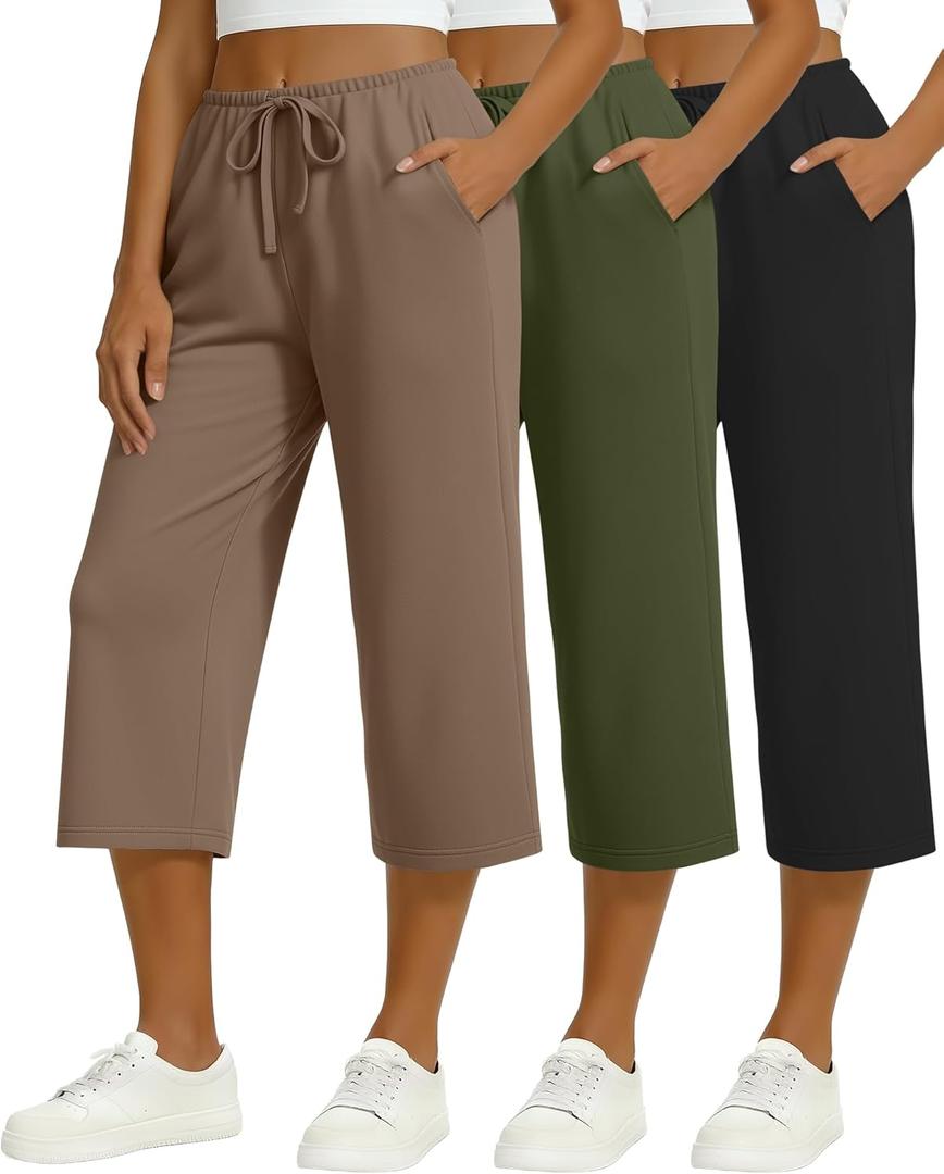 3 Pack Women's Capri Pants Drawstring Yoga Jogger Workout Sweatpants Straight Leg Pajama Trousers with Pockets (X-Large, Black, Army Green, Coffee)
