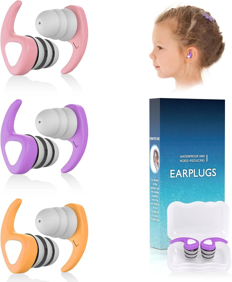Swimming Ear Plugs for Kids, 3 Pairs Waterproof Reusable Silicone Swim Ear Plugs for Pool Bath Showering Surfing for 4-12 Years Olds Children (Pink Purple Orange)